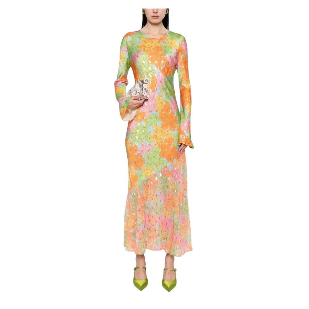 Never Full Dress Multicolor Floral Alaia Midi Long Sleeve Boho Dress 10/12 - Picture 2 of 16